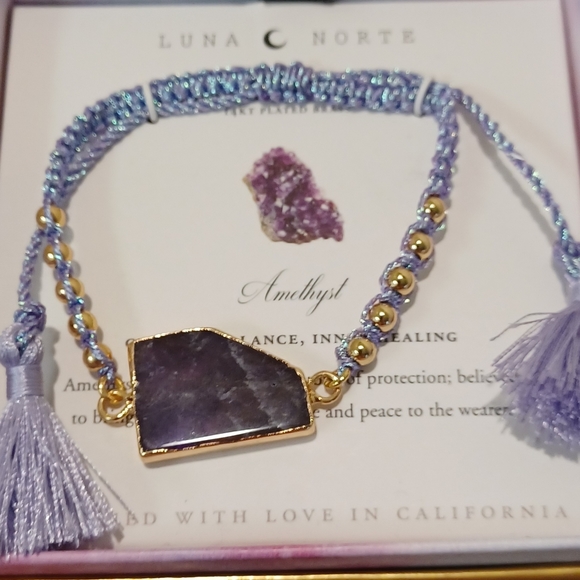 LUNA NORTE NATURAL AMETHYST GEMSTONES W/ TASSELS ADJUSTABLE STRING BRACELET - Picture 4 of 10
